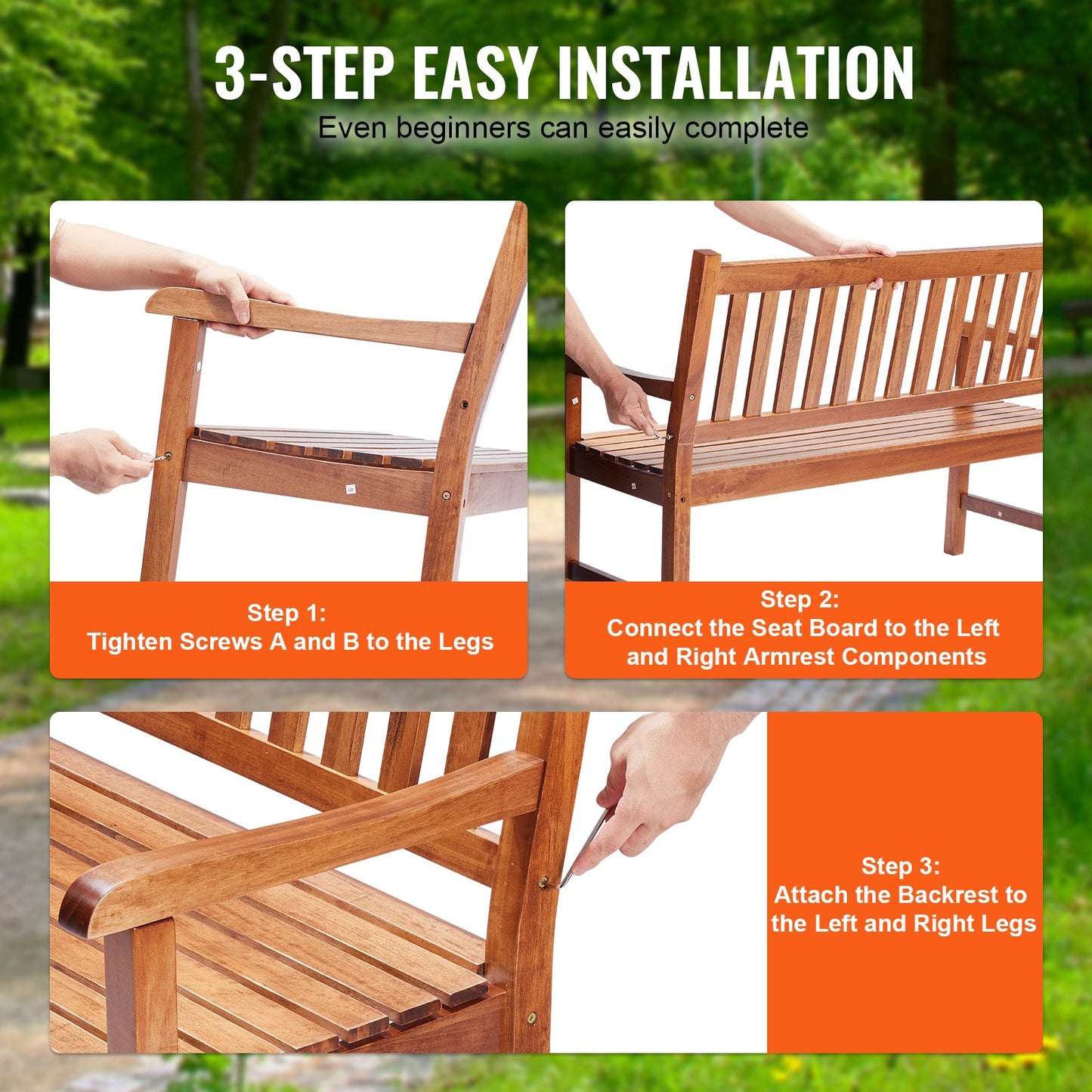 Wood Garden Bench 50 Inch Outdoor Patio Bench with Backrest & Armrests - Natural Finish
