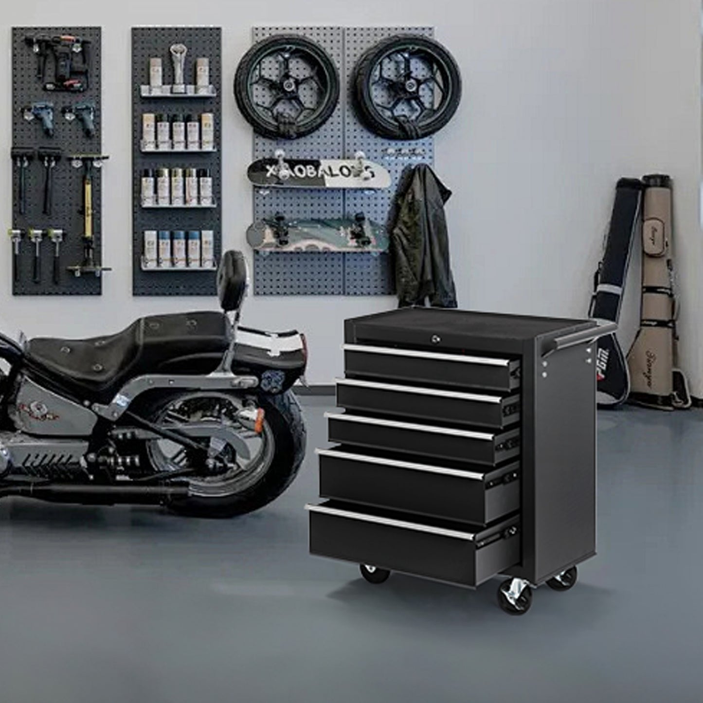 5-Drawer Rolling Tool Chest with Lock & Key - Black Steel Storage