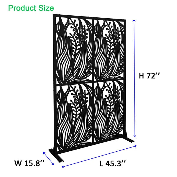 Metal Privacy Screen 3.8ft x 6ft Outdoor Indoor Divider - Black Leaf Design