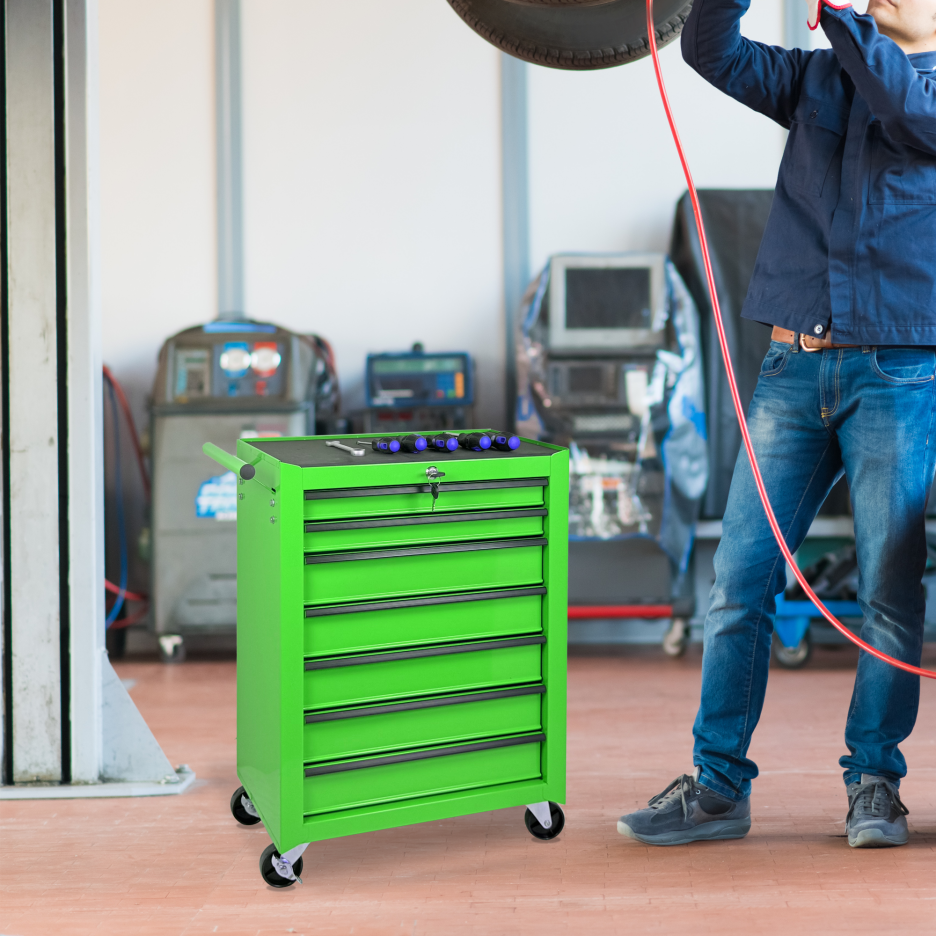 Rolling Metal Tool Chest with 7 Drawers - Green Steel Storage
