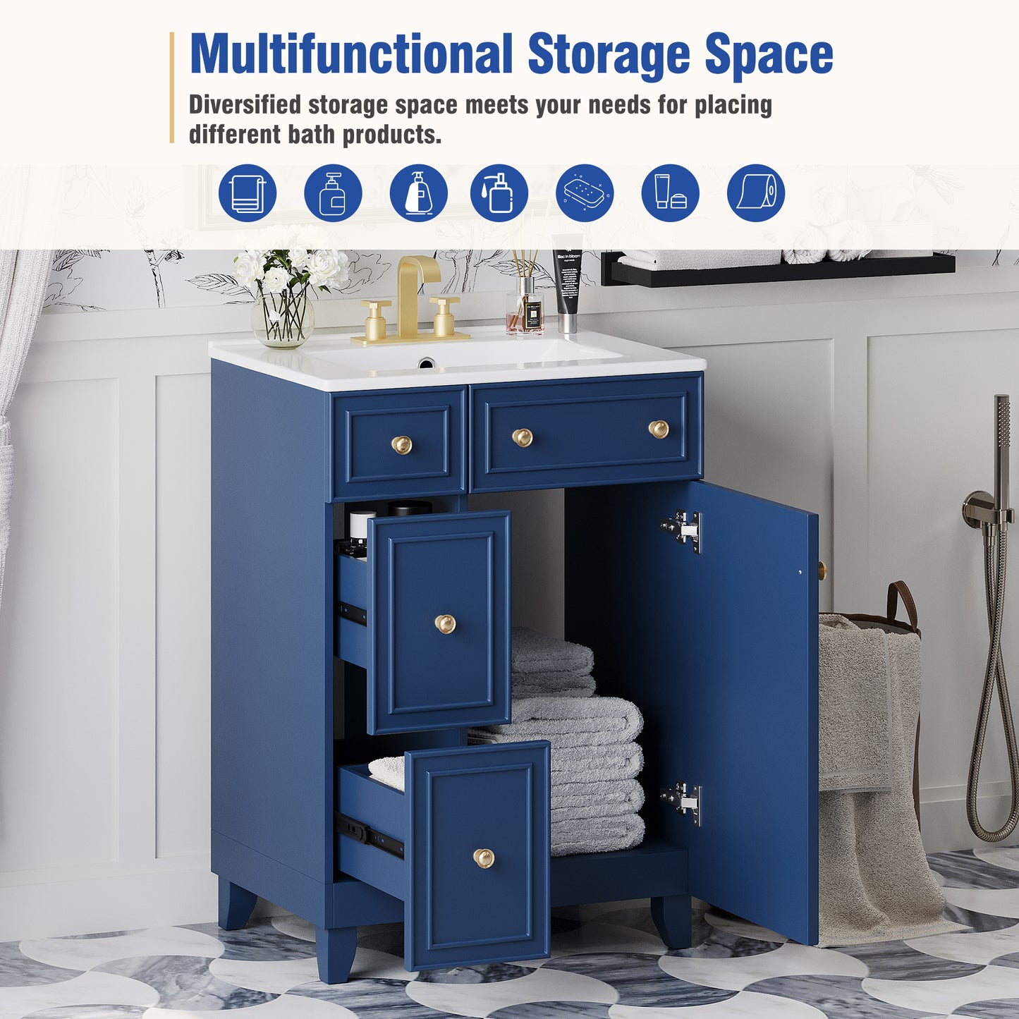 24-Inch Blue Bathroom Vanity Cabinet with Ceramic Sink & Drawers