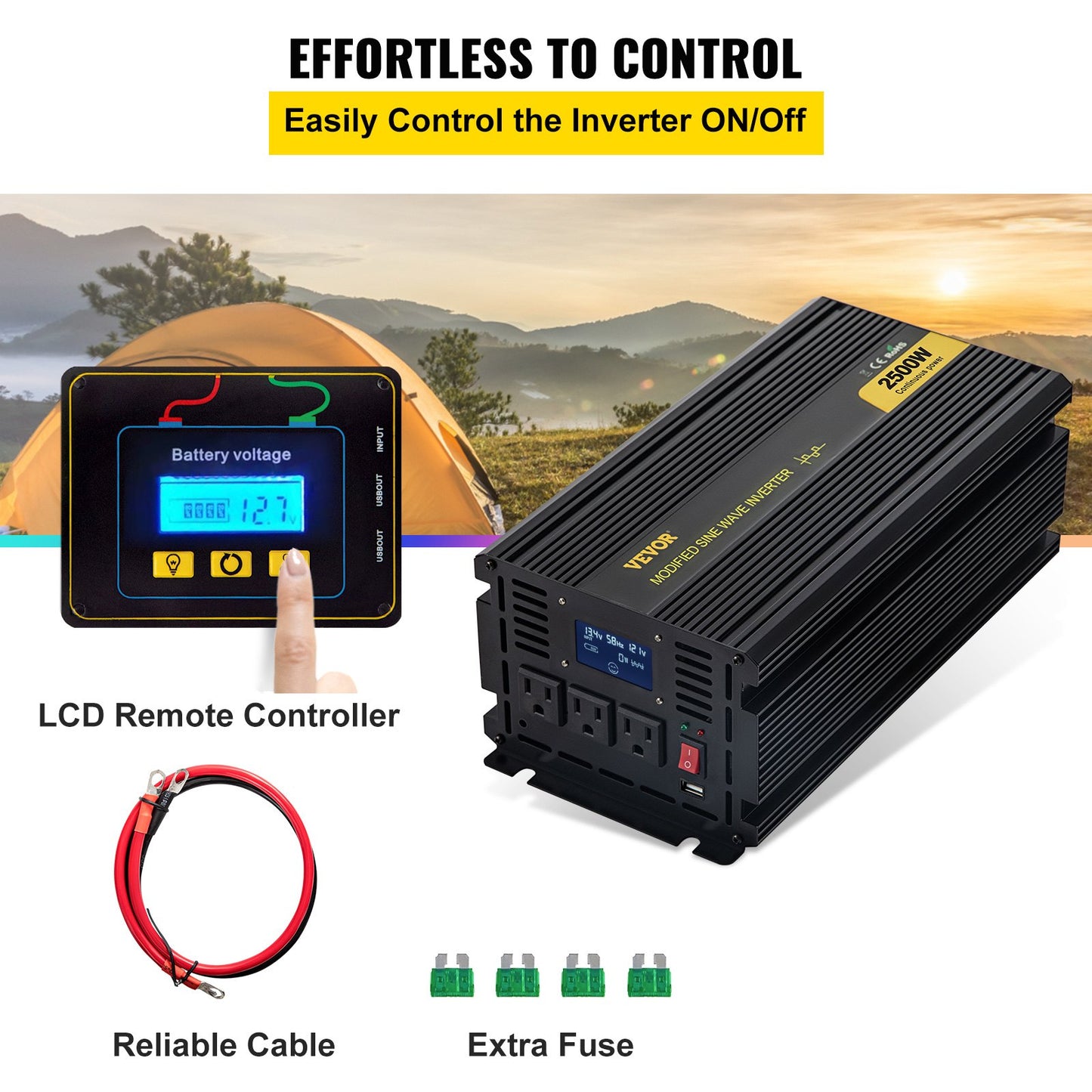 2500W Modified Sine Wave Power Inverter DC 12V to AC 120V with LCD Remote Car RV Boat Camping