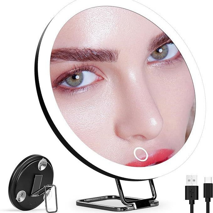 LED Makeup Mirror with Light Stand and Rotating Frame - Multiple Magnifications