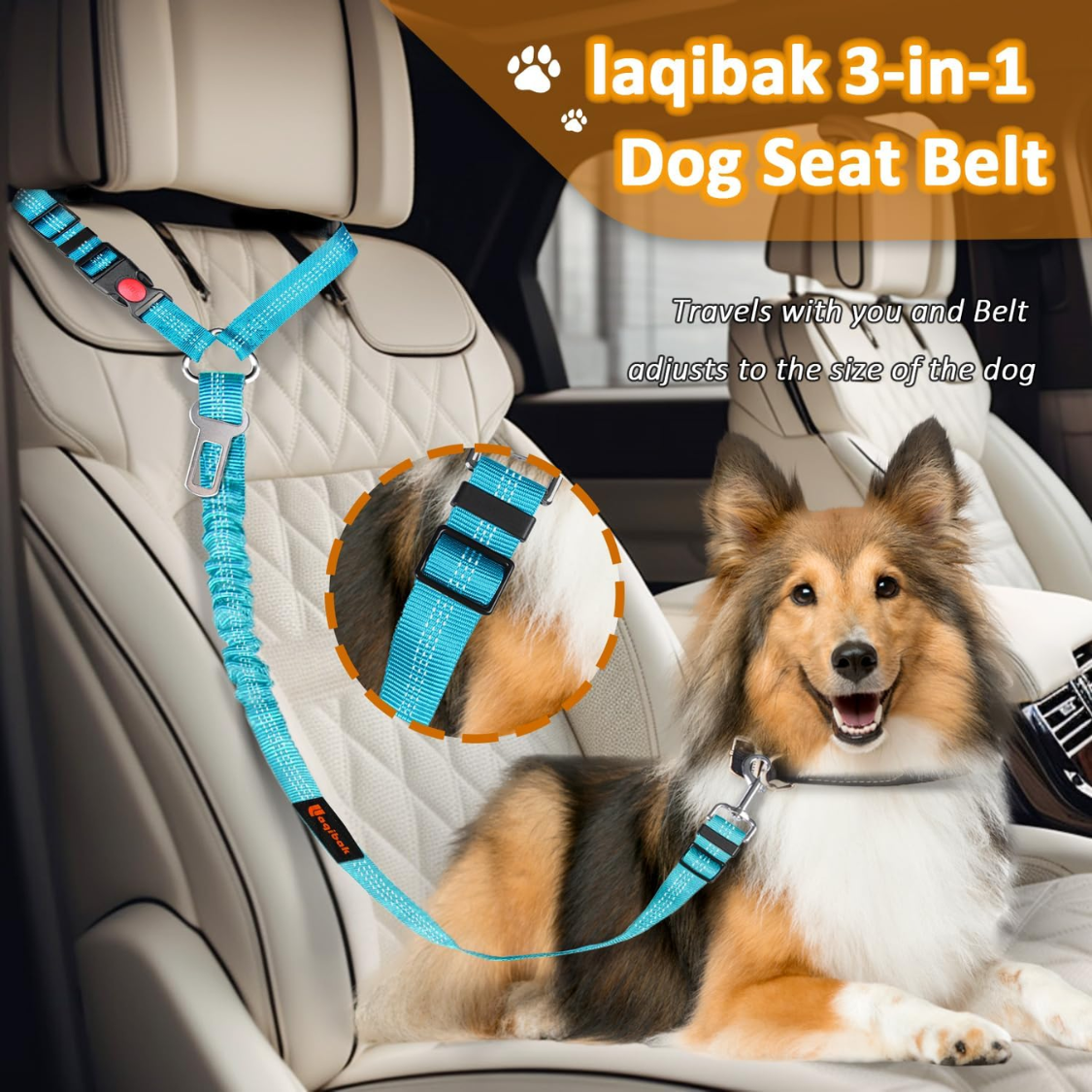 Removable Dog Seat Belt Harness for Car - 3-in-1 Pet Safety Leash & Restraint, Reflective Nylon, Blue