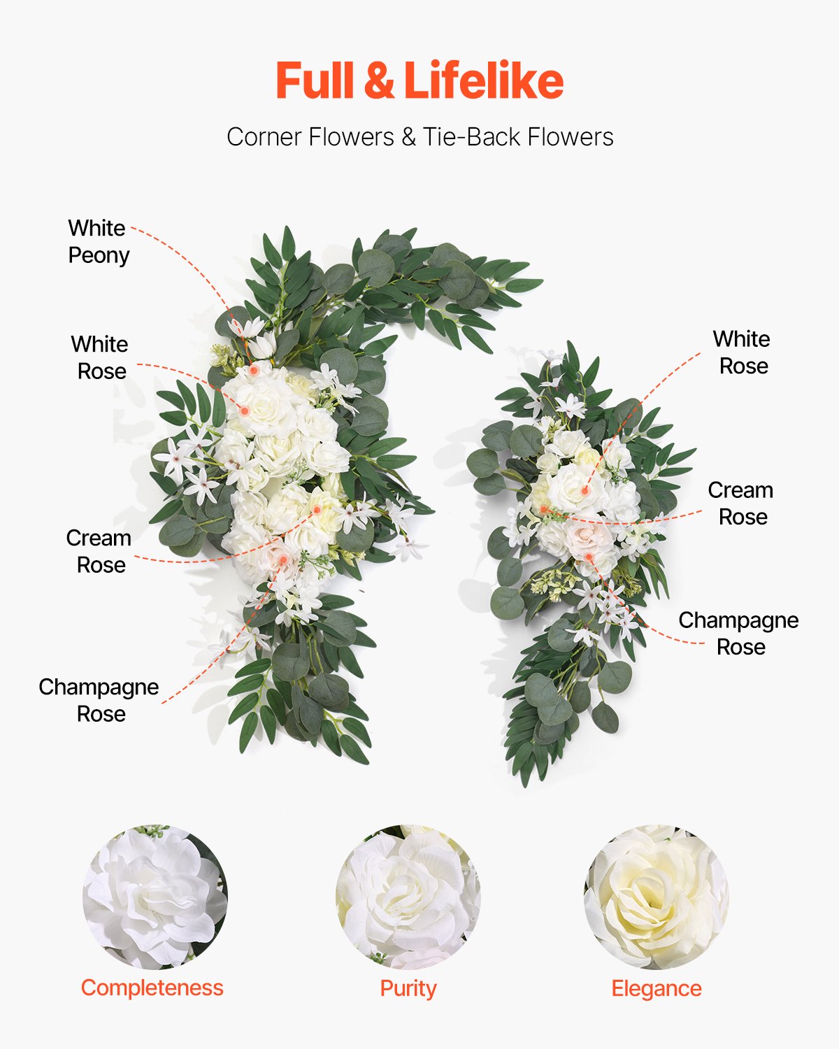 Artificial Wedding Arch Flowers Kit with 21ft Draping Fabric - White, Pack of 3