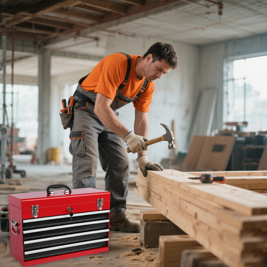 Heavy Duty Metal Tool Box 21-Inch with 4 Drawers, Locking & EVA Liners - Portable Steel Organizer, Red & Black