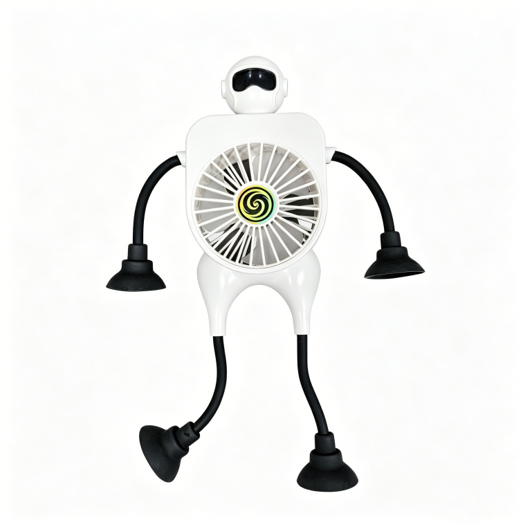Rechargeable 2000mAh Mini Fan with Suction Cup & Flexible Arms - White