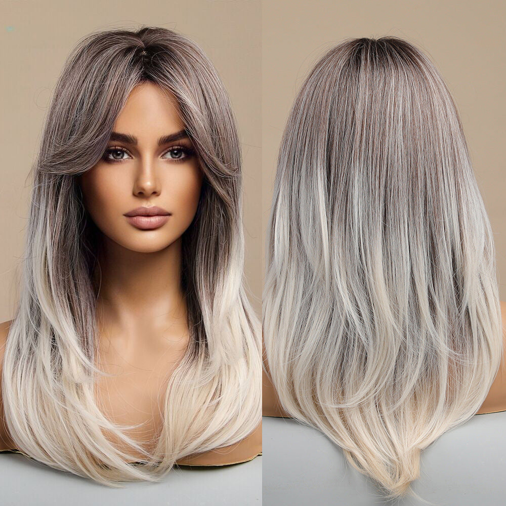 Mid-Length Straight Hair Wig with Gradient Colors for Ladies - Synthetic Fiber, Multiple Shades