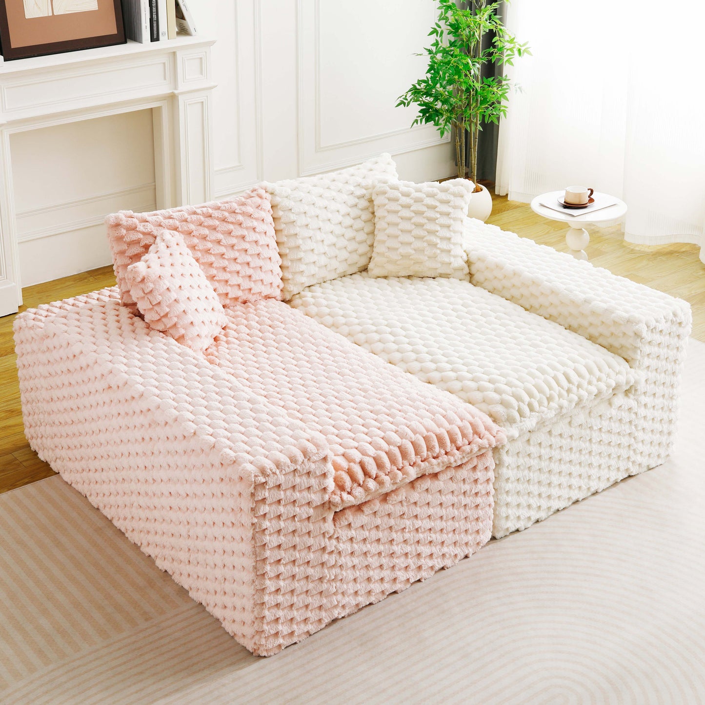 Luxury Pink & White Velvet Multifunctional Sofa - 4-Seater
