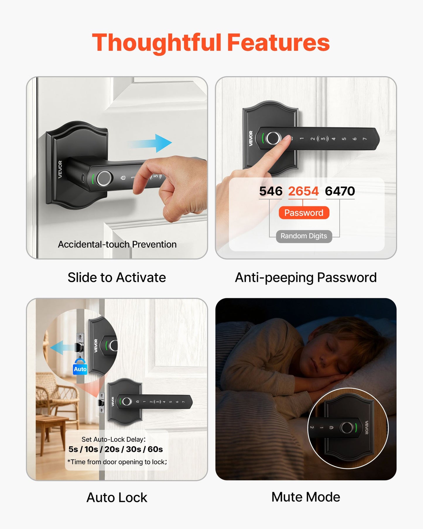 Fingerprint Keyless Door Lock Set with Handle - Auto Lock, 50 Fingerprints, Black