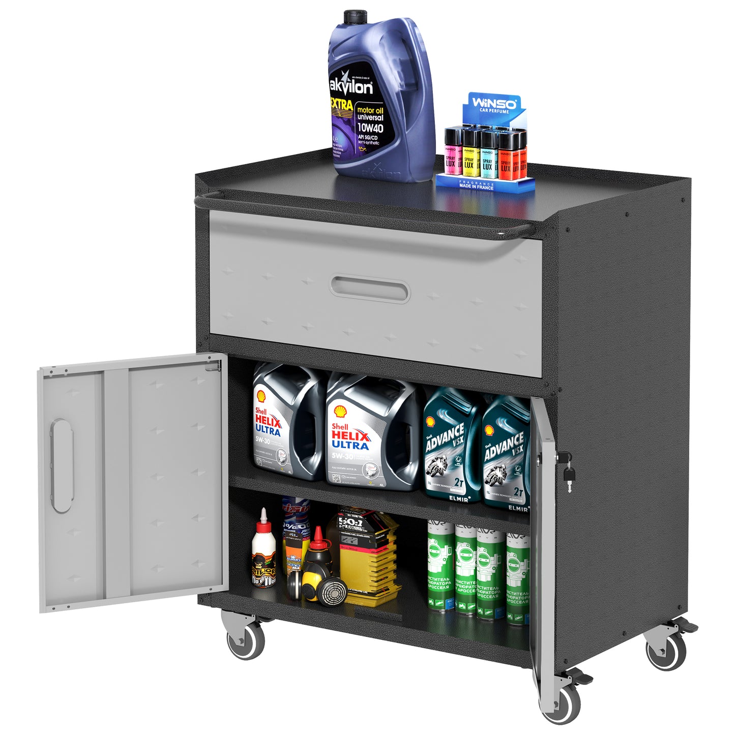 Metal Tool Cabinet with Wheels - Heavy-Duty Storage Unit with Drawer & Locking Doors - Black & Gray