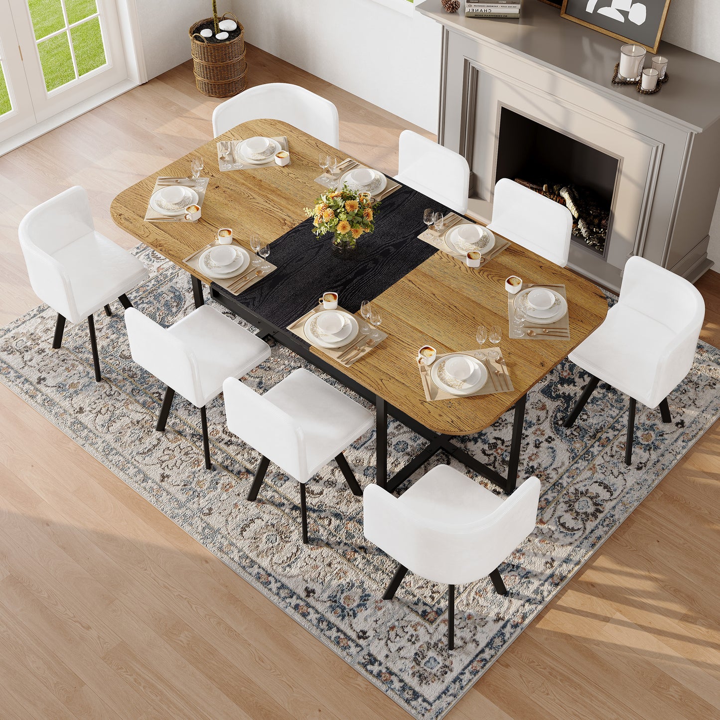 9-Piece Square Dining Table Set, Fixed Two-Tone Wood Grain & Black