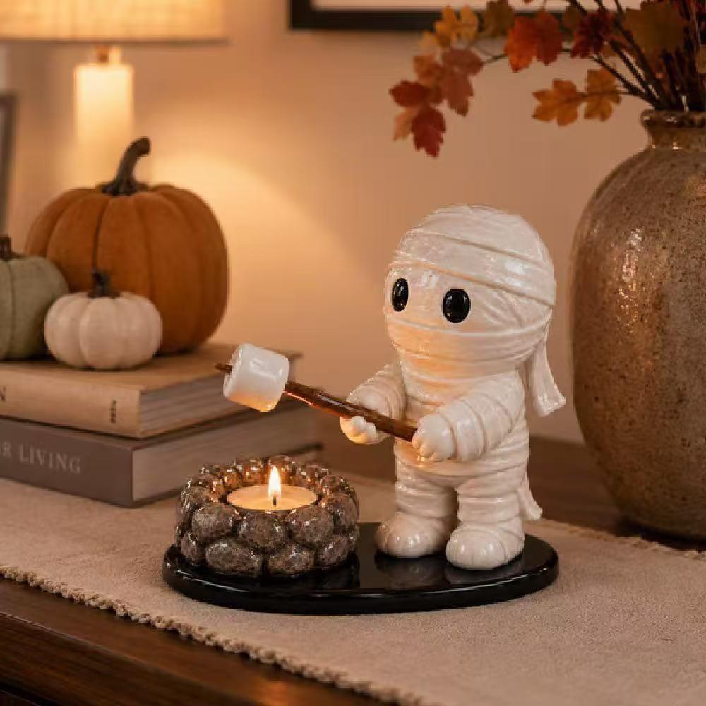 Halloween Tealight Candle Holder Figurine Set - Ghost, Mummy, Scarecrow Decor