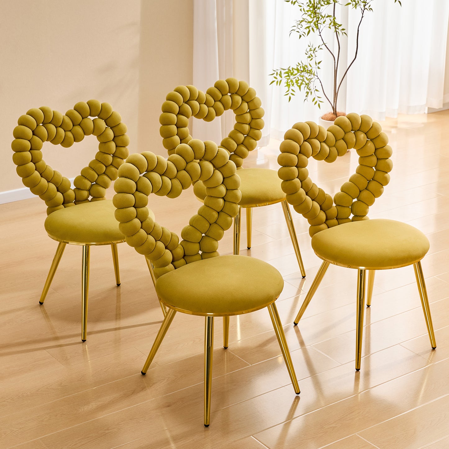 Set of 2 Heart Bubble Tufted Accent Chairs - Yellow Velvet