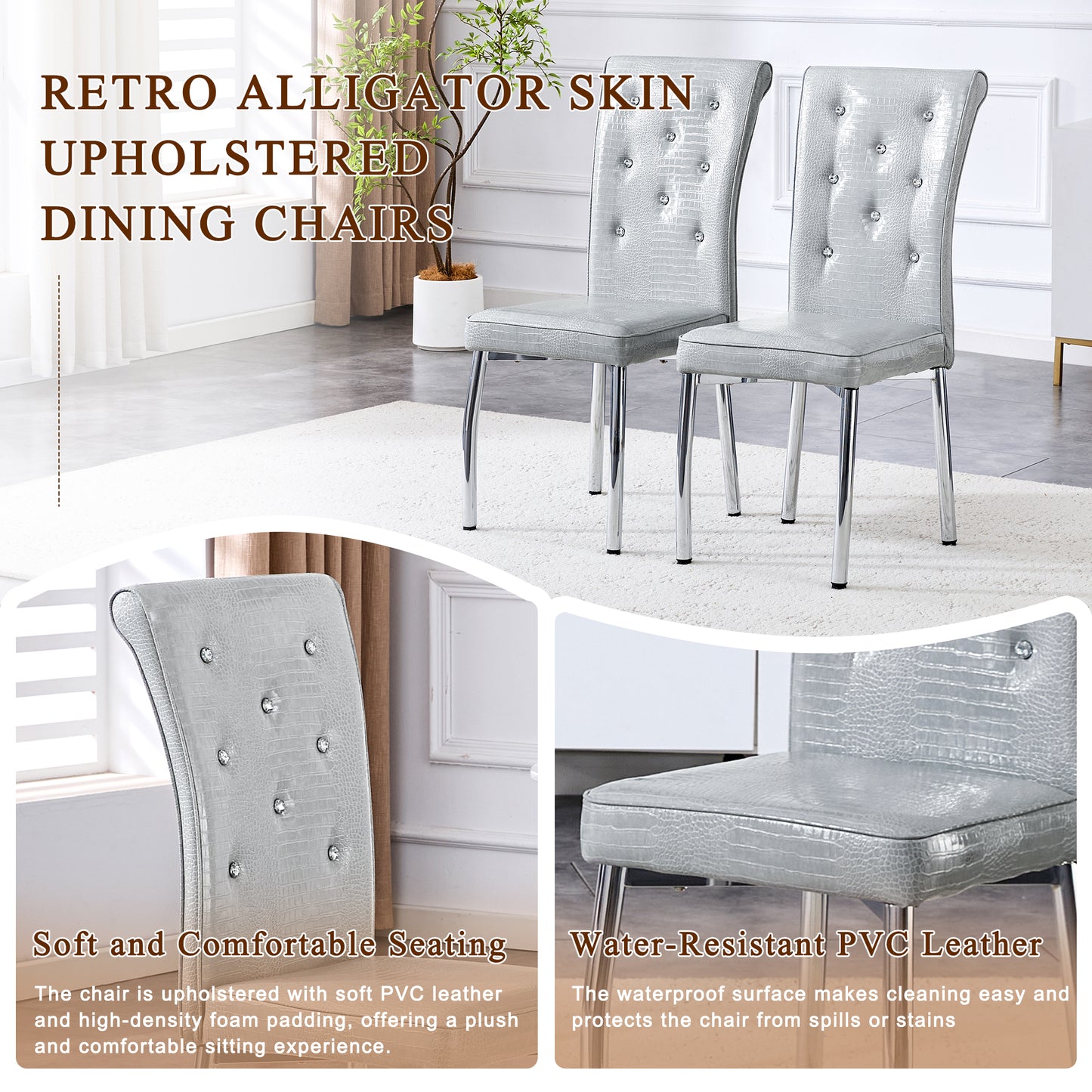 Set of 4 Gray Silvery Vintage Crocodile Leather Dining Chairs