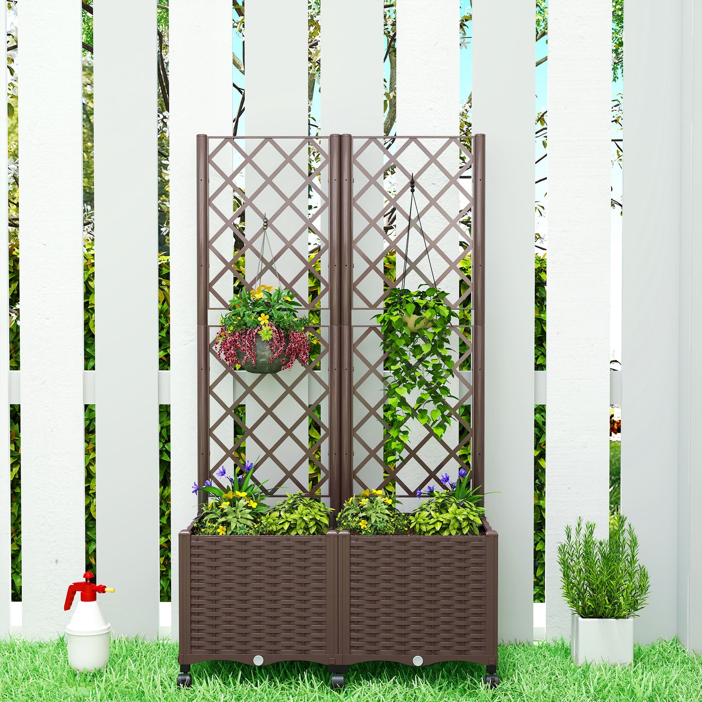 Self Watering Raised Garden Bed with Trellis and Lockable Wheels Brown 510x610mm