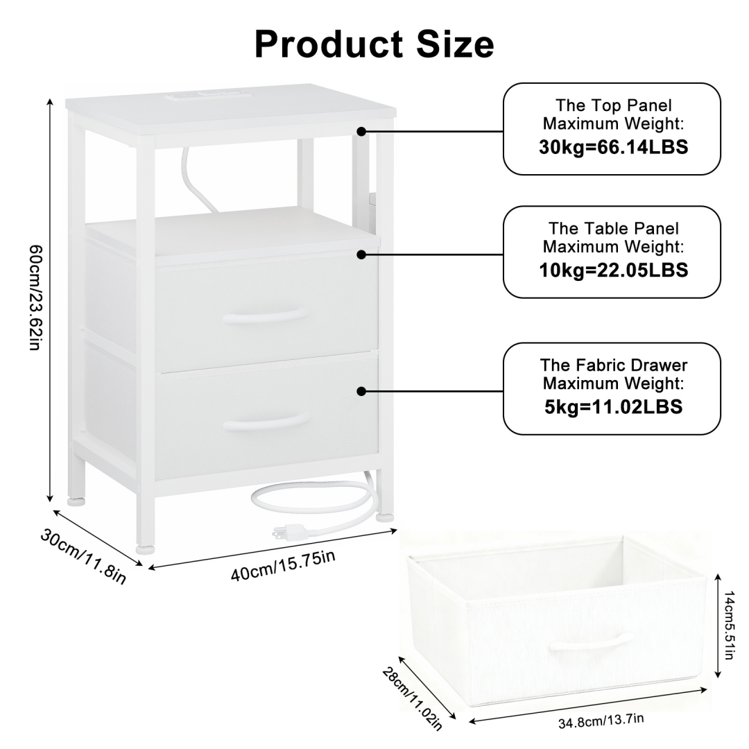 Compact Bedside Table with Charging Station & Fabric Drawers