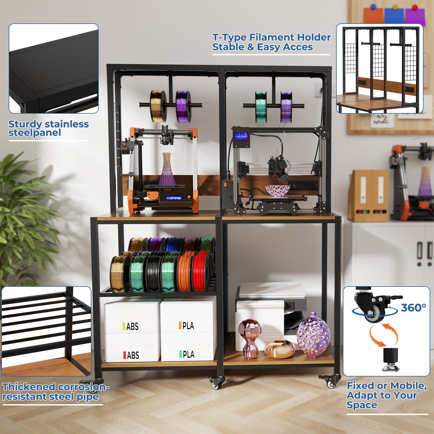 Double 3D Printer Stand with Filament Storage - Heavy-Duty Metal Frame, Lockable Wheels, Mobile or Fixed Use - Black