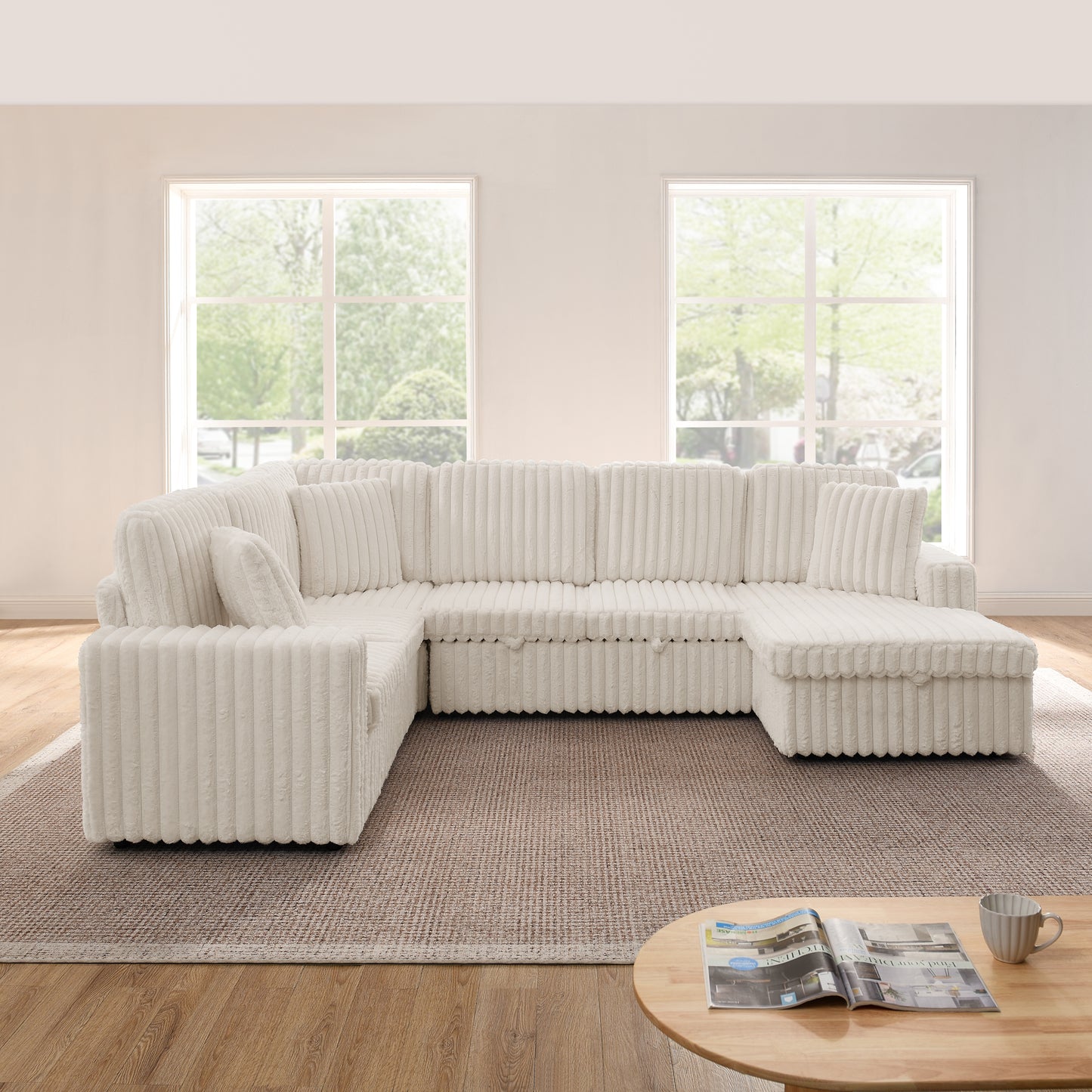 Modern Minimalist Corduroy Striped U-Shaped Sofa Bed - Beige
