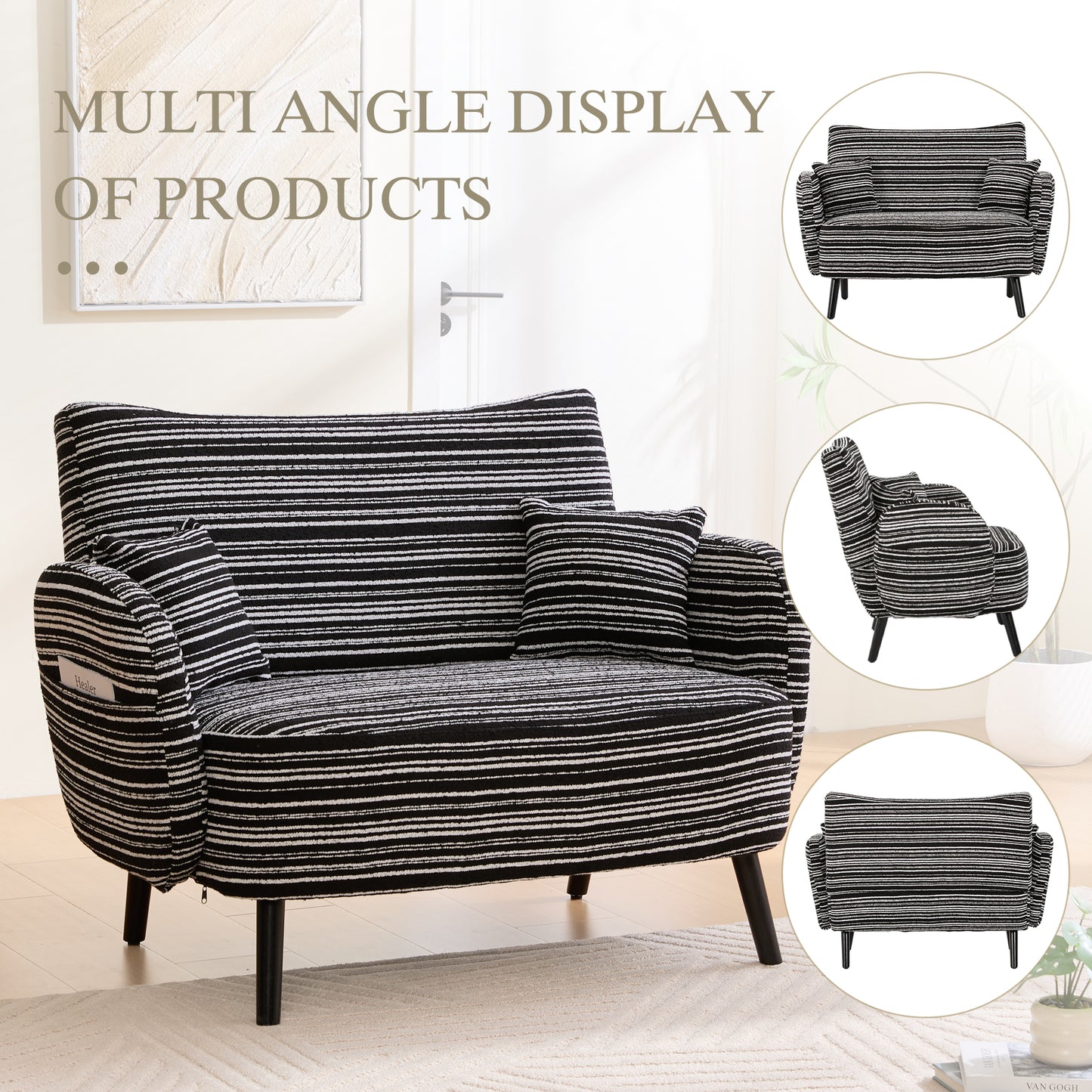 Modern Two-Seater Sofa with Storage Pockets - Black