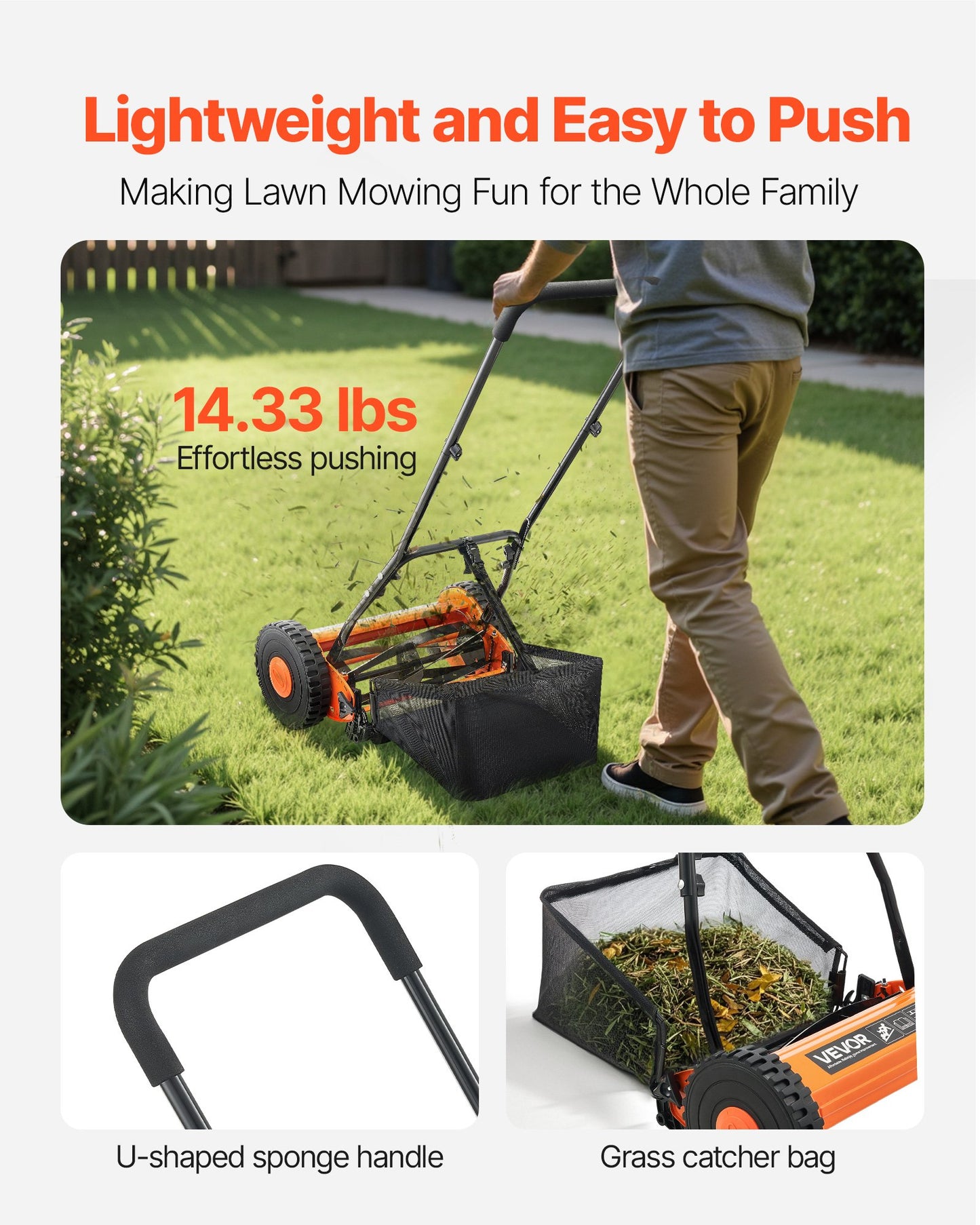 14-Inch Manual Push Reel Lawn Mower with 5-Blade, Adjustable Height, Multicolor