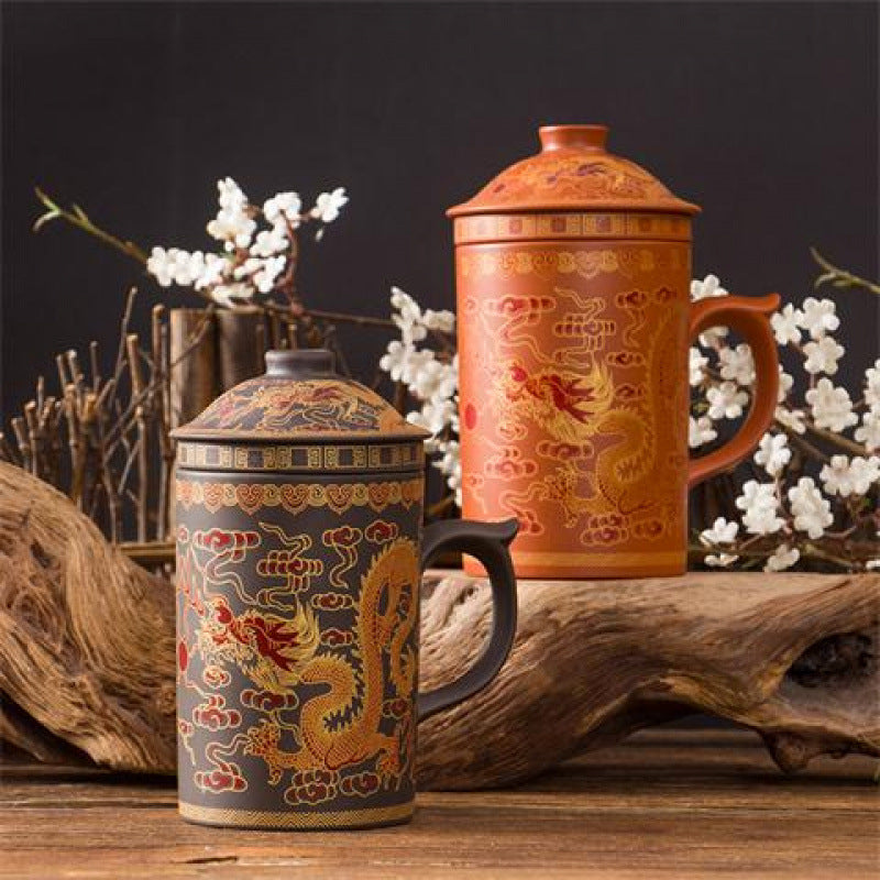 Ceramic Tea Cup Set with Cover and Filter - Handmade Chinese Style, 360ML
