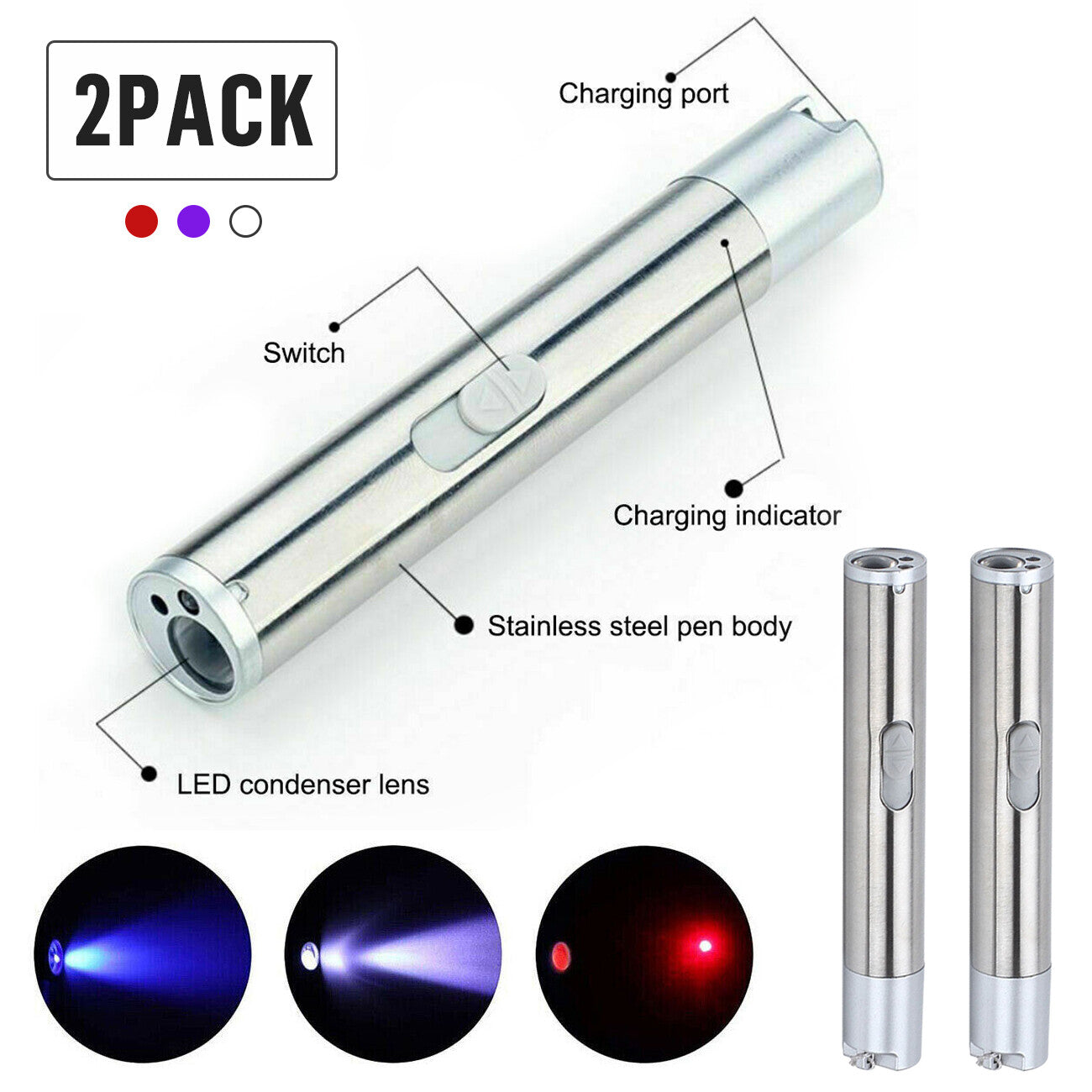 Rechargeable LED Laser Pointer Pen 3-in-1 UV Flashlight for Pets & Detection