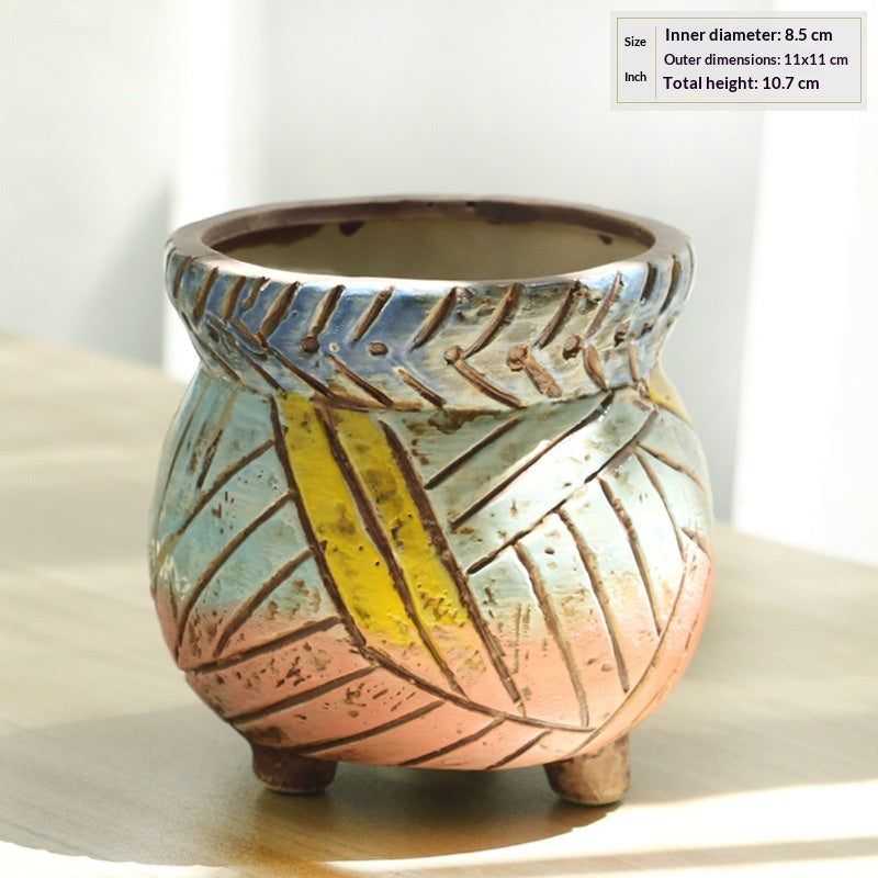 Rustic Ceramic Succulent Planter with 3D Stoneware Design - All Styles
