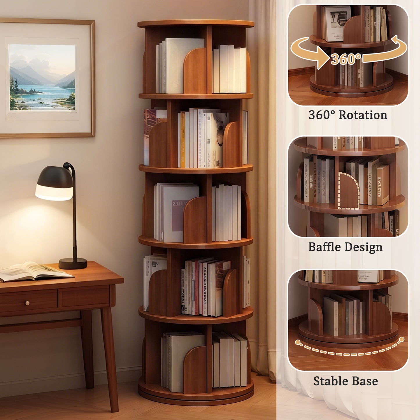 5 Tier Rotating Bookshelf, 360 Display Round Spinning Space-Saving,