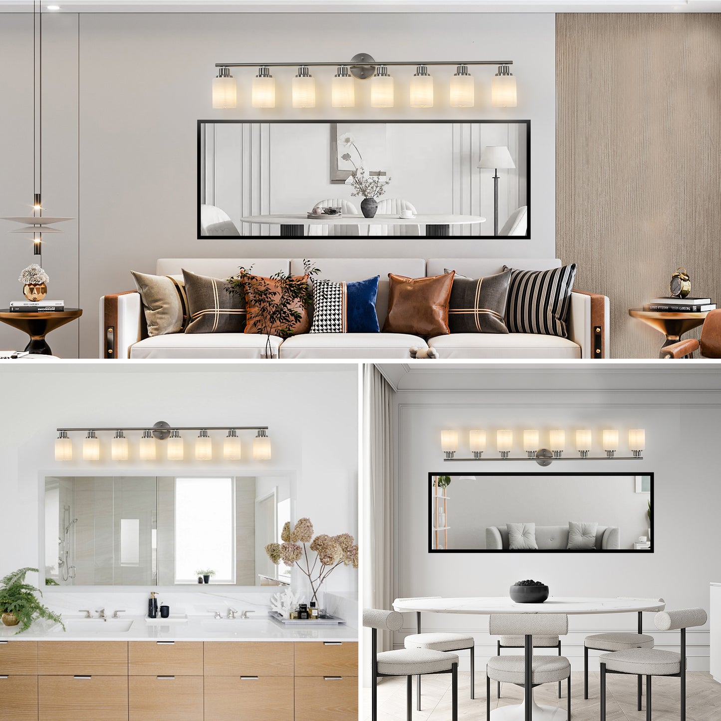 Modern 8-Light Vanity Wall Sconce - Brushed Nickel with Frosted Glass