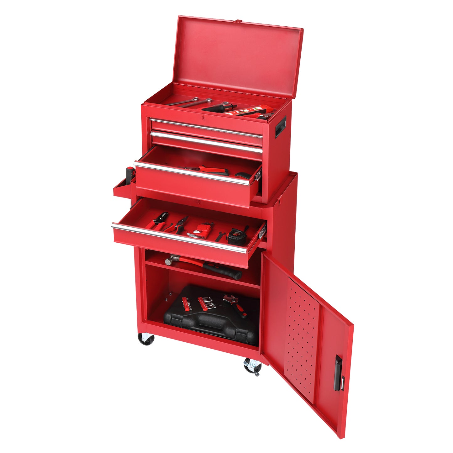 4-Drawer Steel Tool Cabinet with Lock - Heavy Duty Service Cart in Red