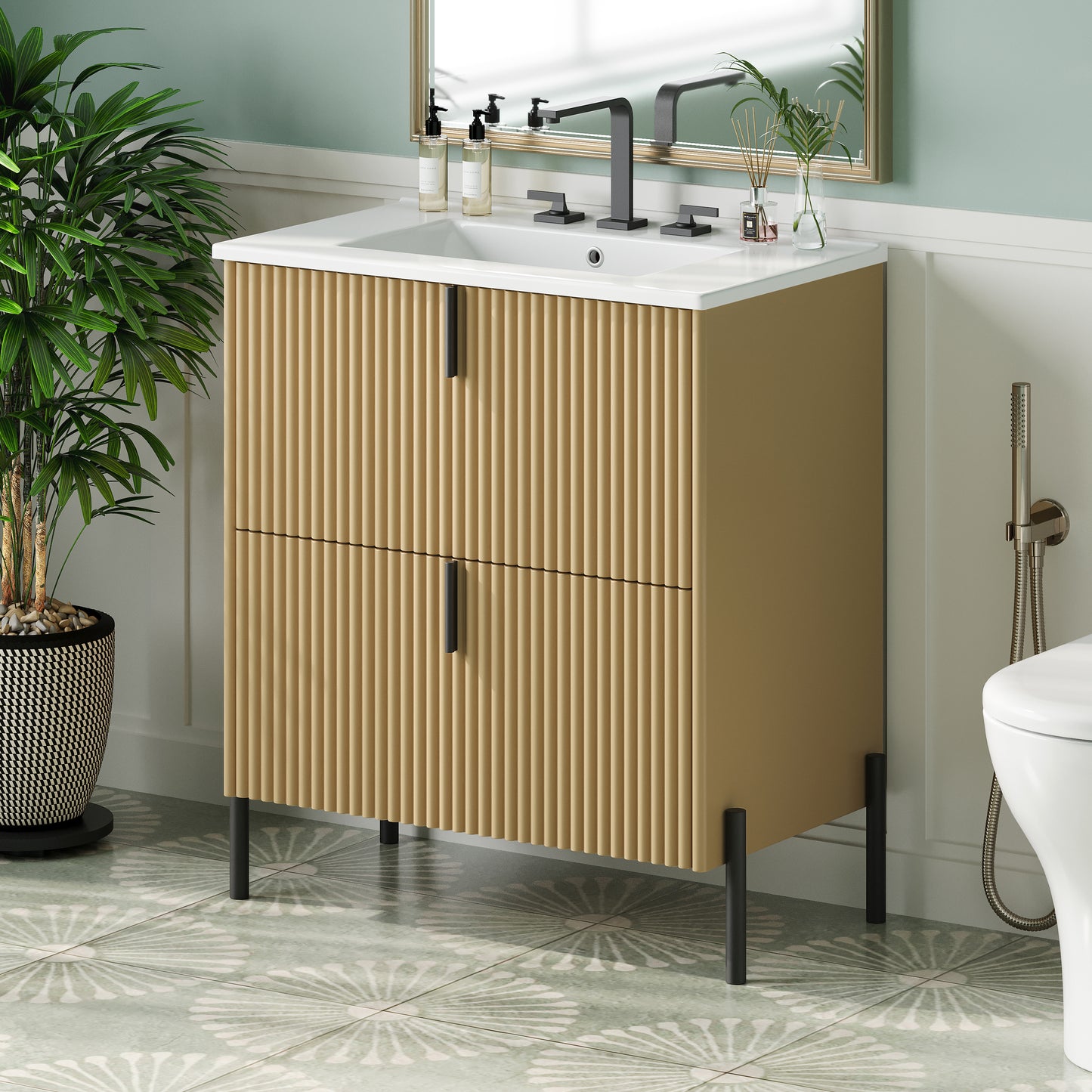 30" Freestanding Bathroom Vanity with Ceramic Sink - Natural
