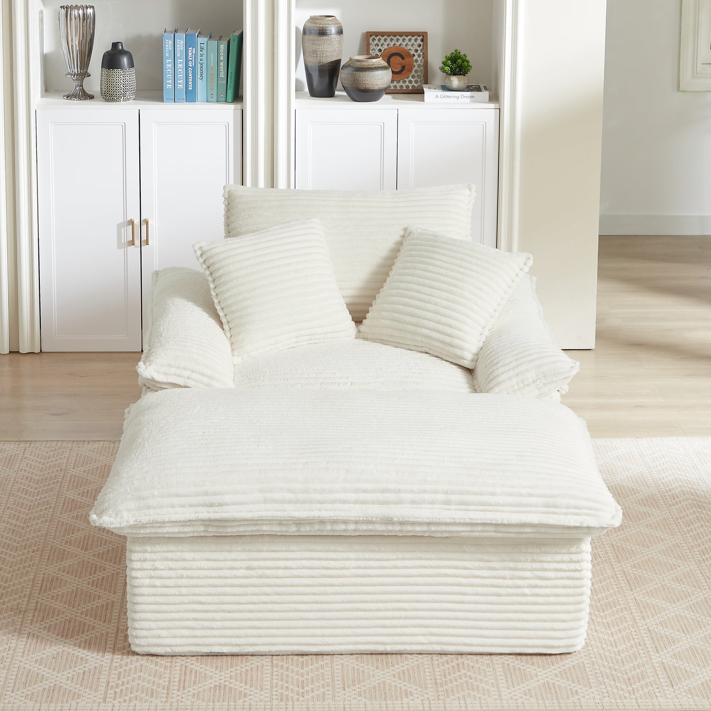 Modern Comfortable Single Seat Sofa with Unique Footrest - White