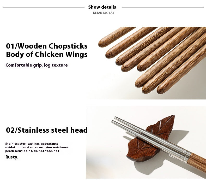 Wooden Chicken Wings Chopsticks Set - Stainless Steel Reusable Dinnerware