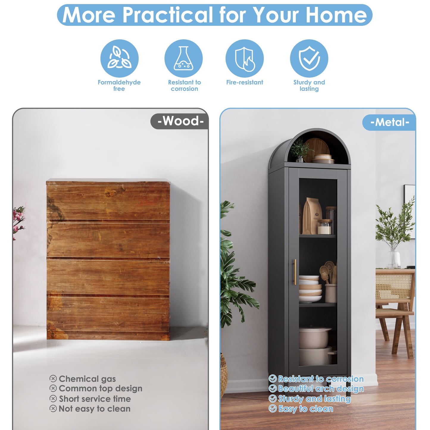 Metal Arched Bookcase Cabinet with Glass Doors - Black