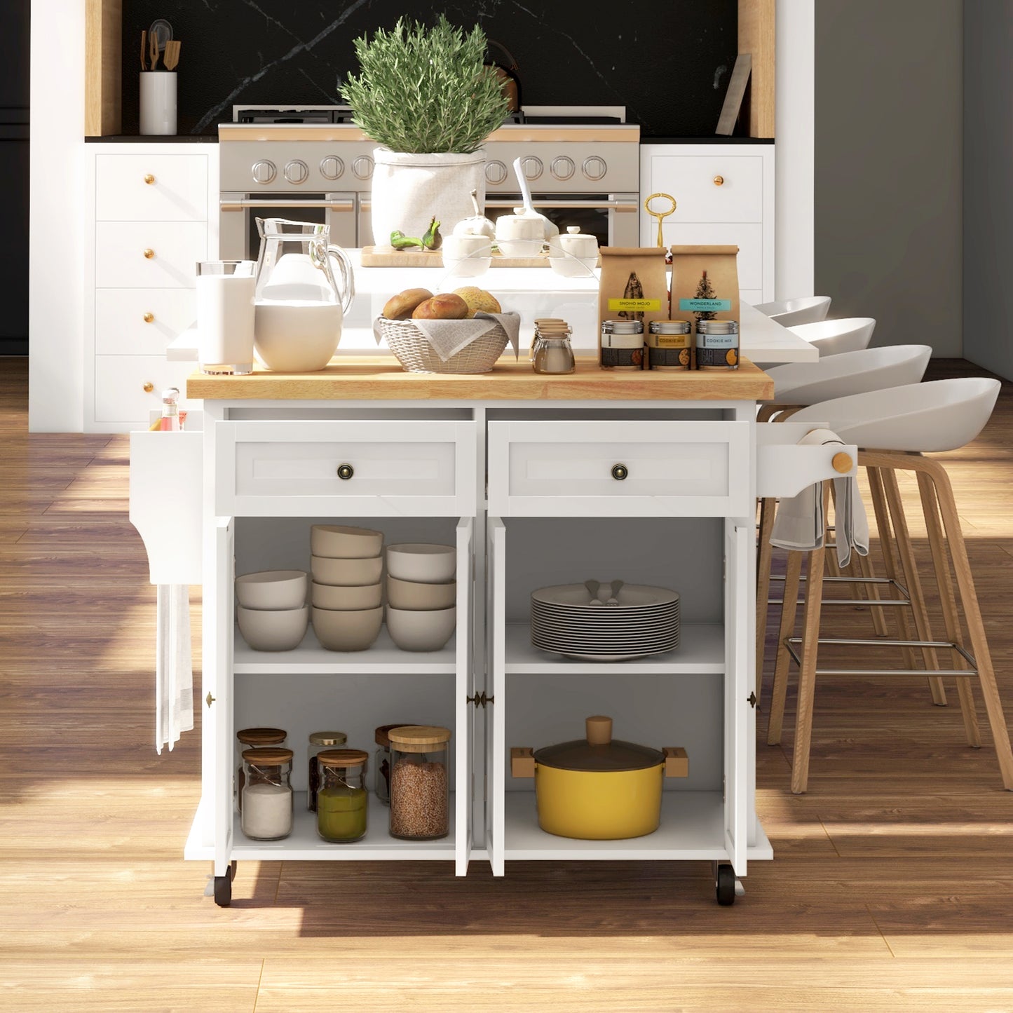Rolling Kitchen Island Cart with Rubberwood Top & Storage - Cream White
