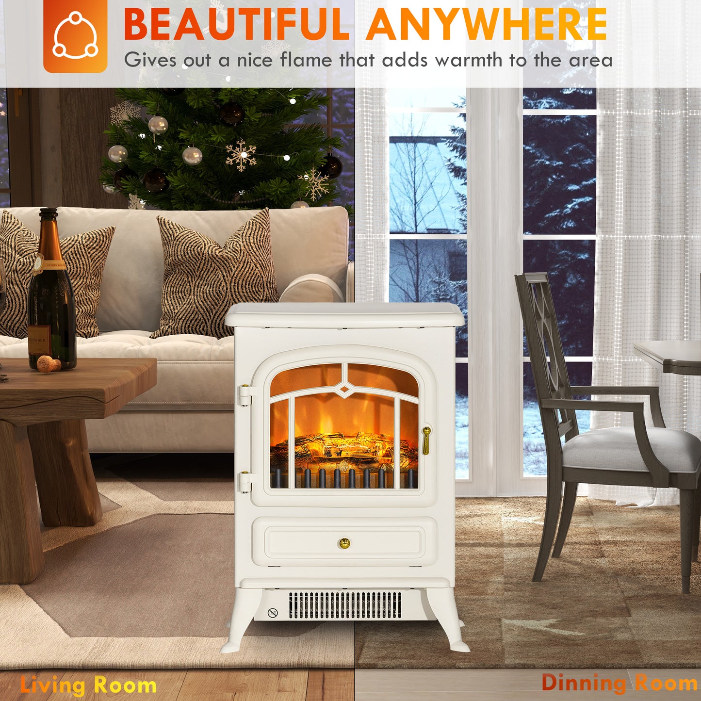 Electric Fireplace Heater with Realistic LED Flames - 725W/1450W, Beige