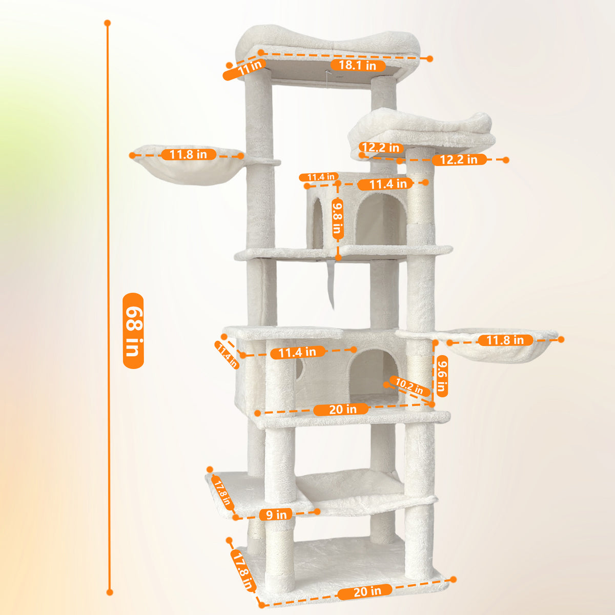 68in Multi-Level Cat Tree with Hammocks and Scratching Posts - Beige