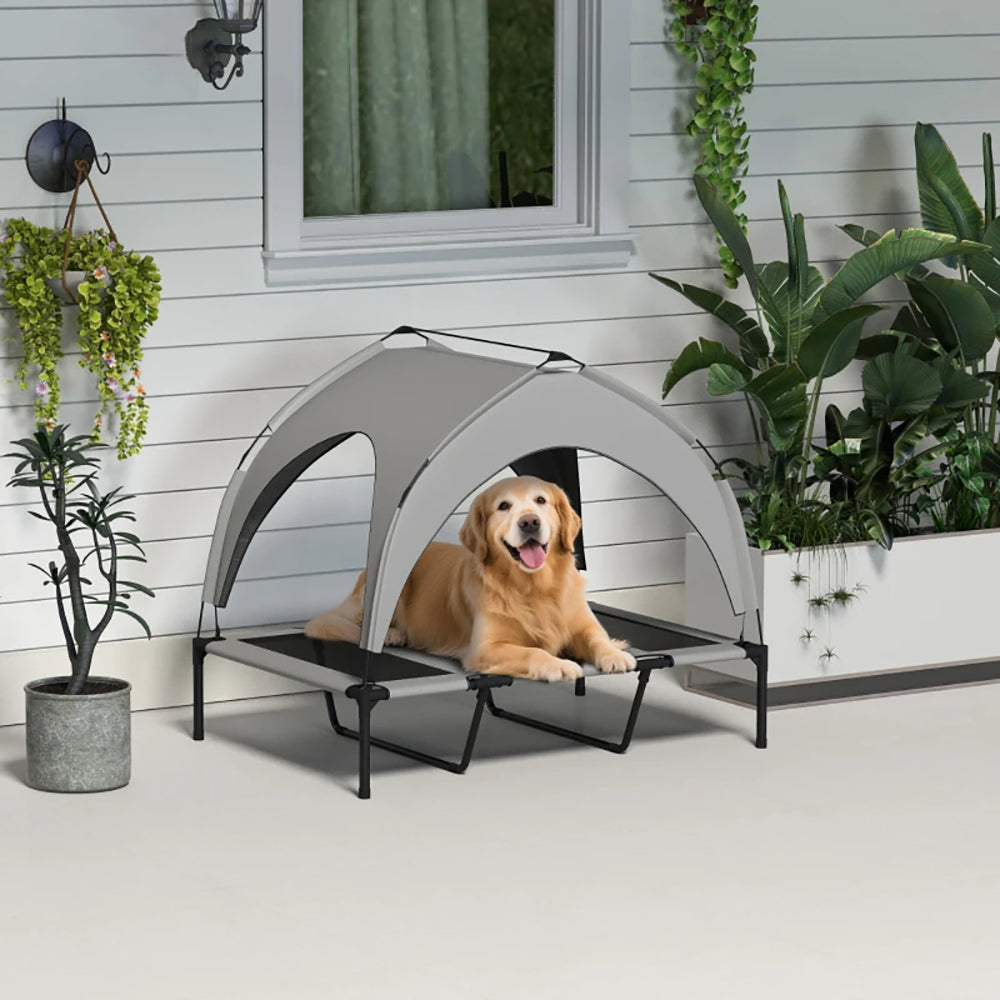 Elevated Outdoor Dog Bed with Canopy - Portable Camping Pet Bed, Breathable Mesh, Light Gray