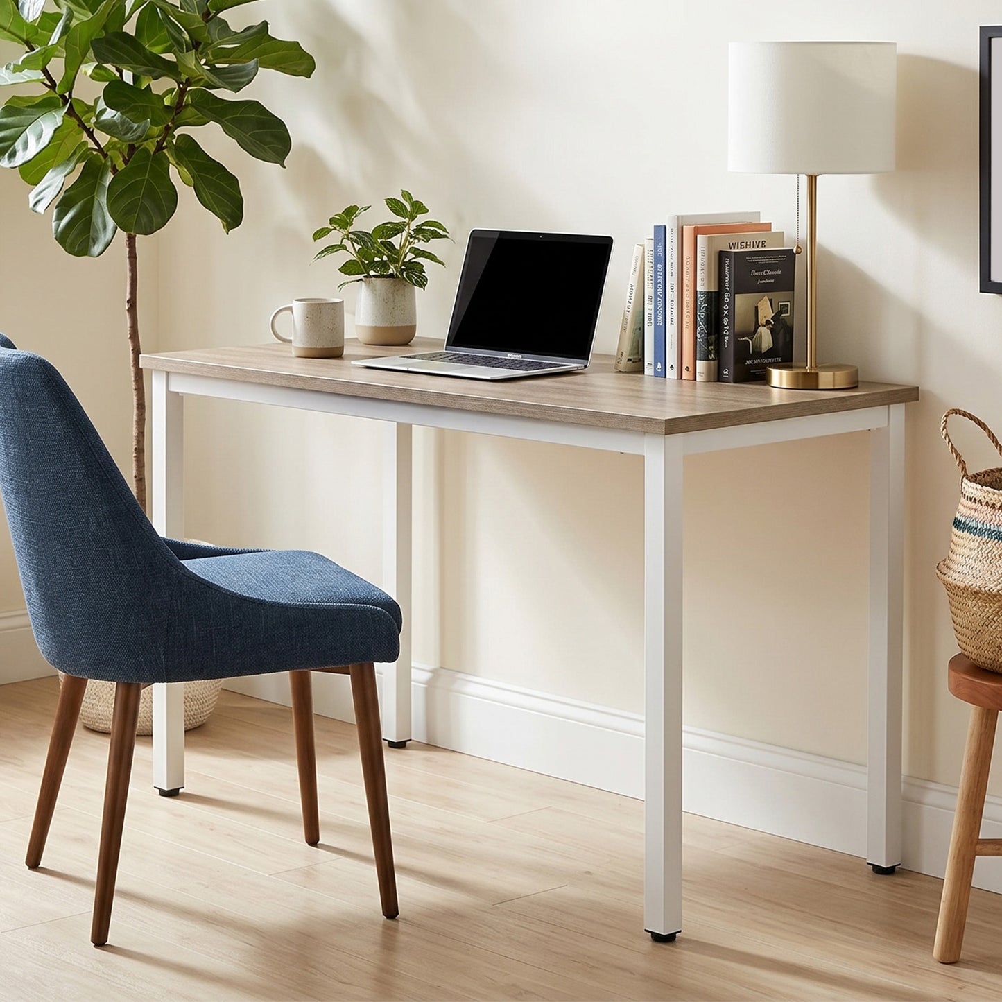 47 Inch Modern Computer Desk - Sturdy Oak and White Workstation