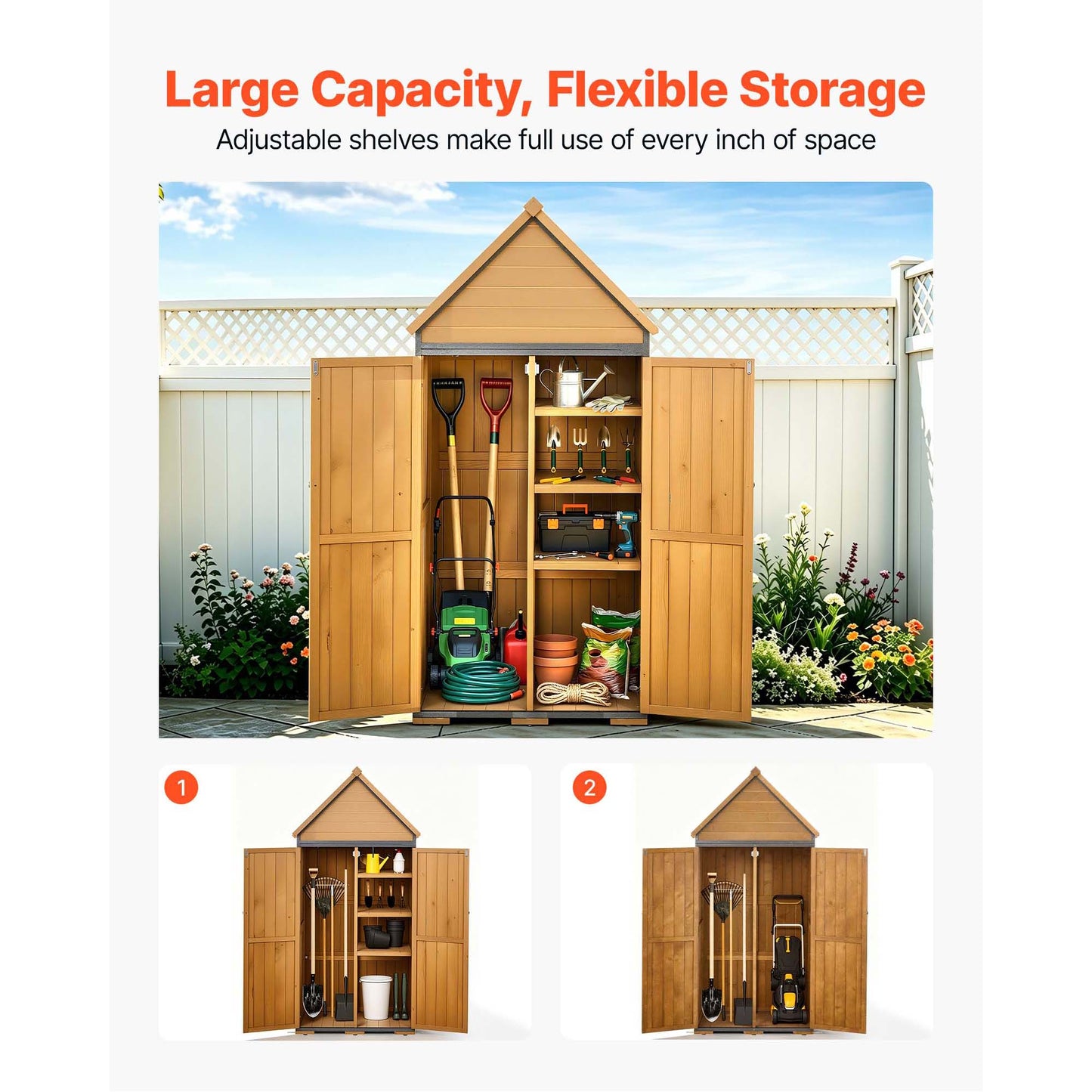 Wood & Metal Garden Tool Storage Shed - Waterproof Lockable Outdoor Cabinet with Shelves and Floor, Brown