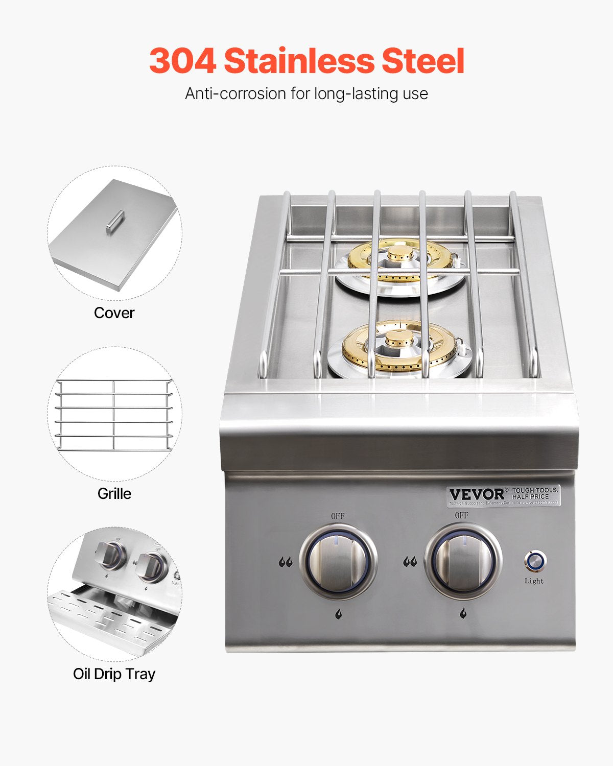 Outdoor Double Side Burner with 17,000 BTU Each - Propane & Natural Gas, Stainless Steel