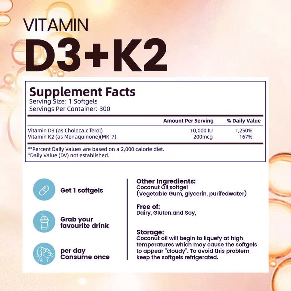 Vitamin D3 + K2 Softgels with Coconut Oil - 300 Capsules for Bone & Heart
