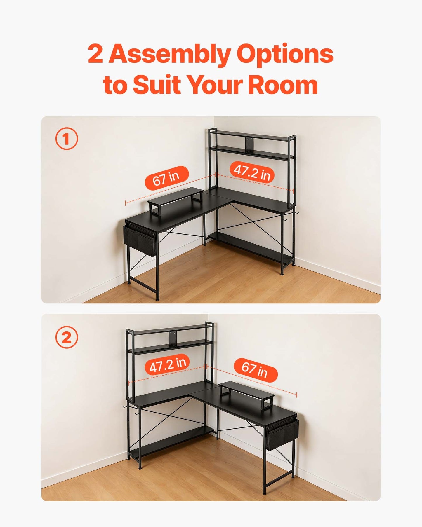 Reversible L-Shaped Computer Desk with Monitor Stand & CPU Holder - 67 Inch Home Office Gaming Desk