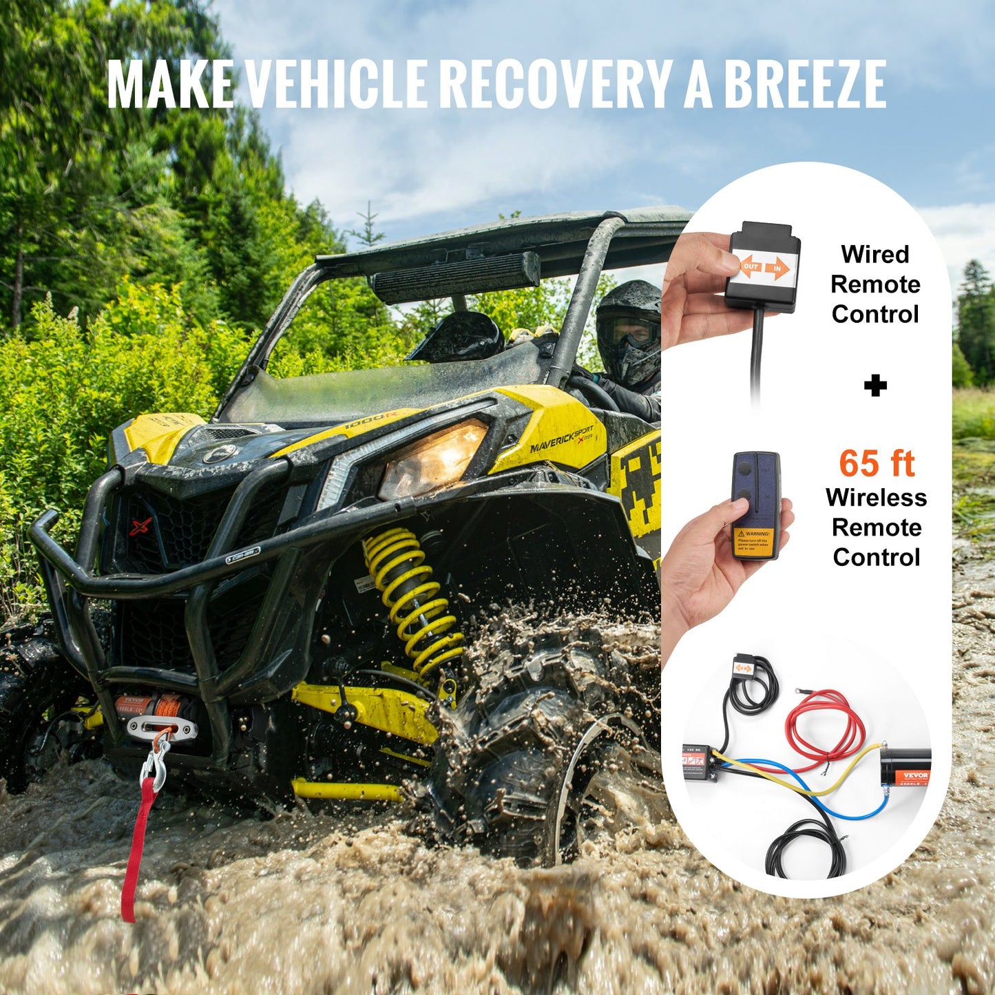 Electric Winch 4500 Lb Waterproof Synthetic Rope for ATV UTV Off-Road Recovery - Black