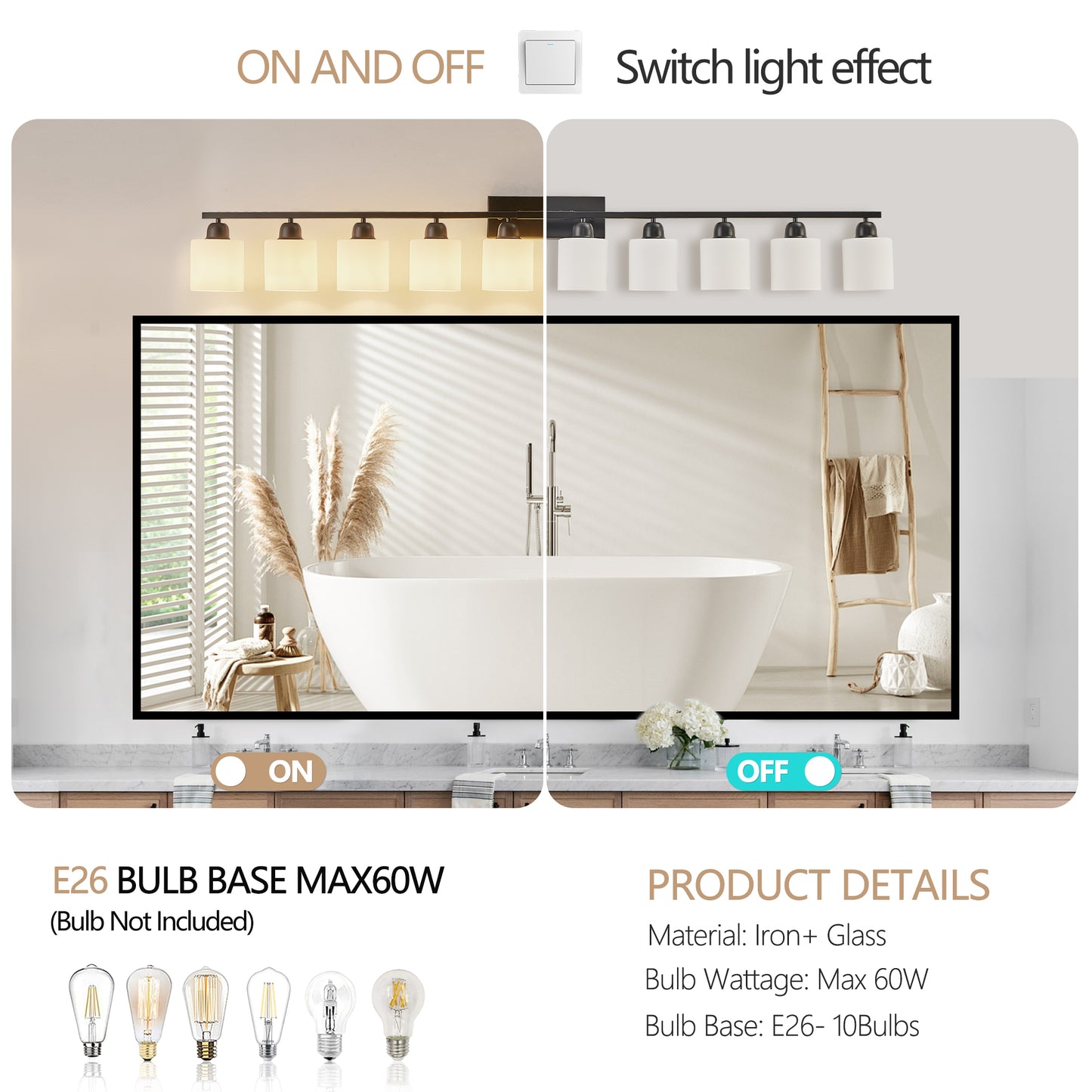 10-Light Bathroom Vanity Light Fixture - Matte Black with White Shades