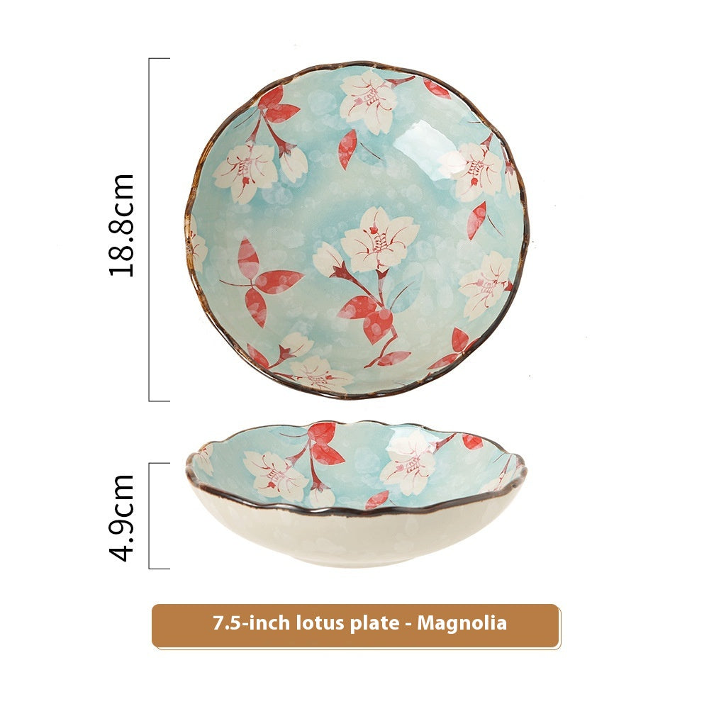 Chinese Style Ceramic Vegetable Dish with Floral Hand Drawn Pattern