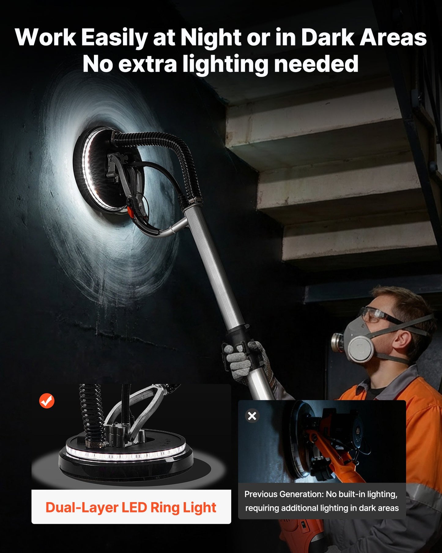 Electric Drywall Sander 1010W with Variable Speed & LED Light - Popcorn Ceiling Removal Tool