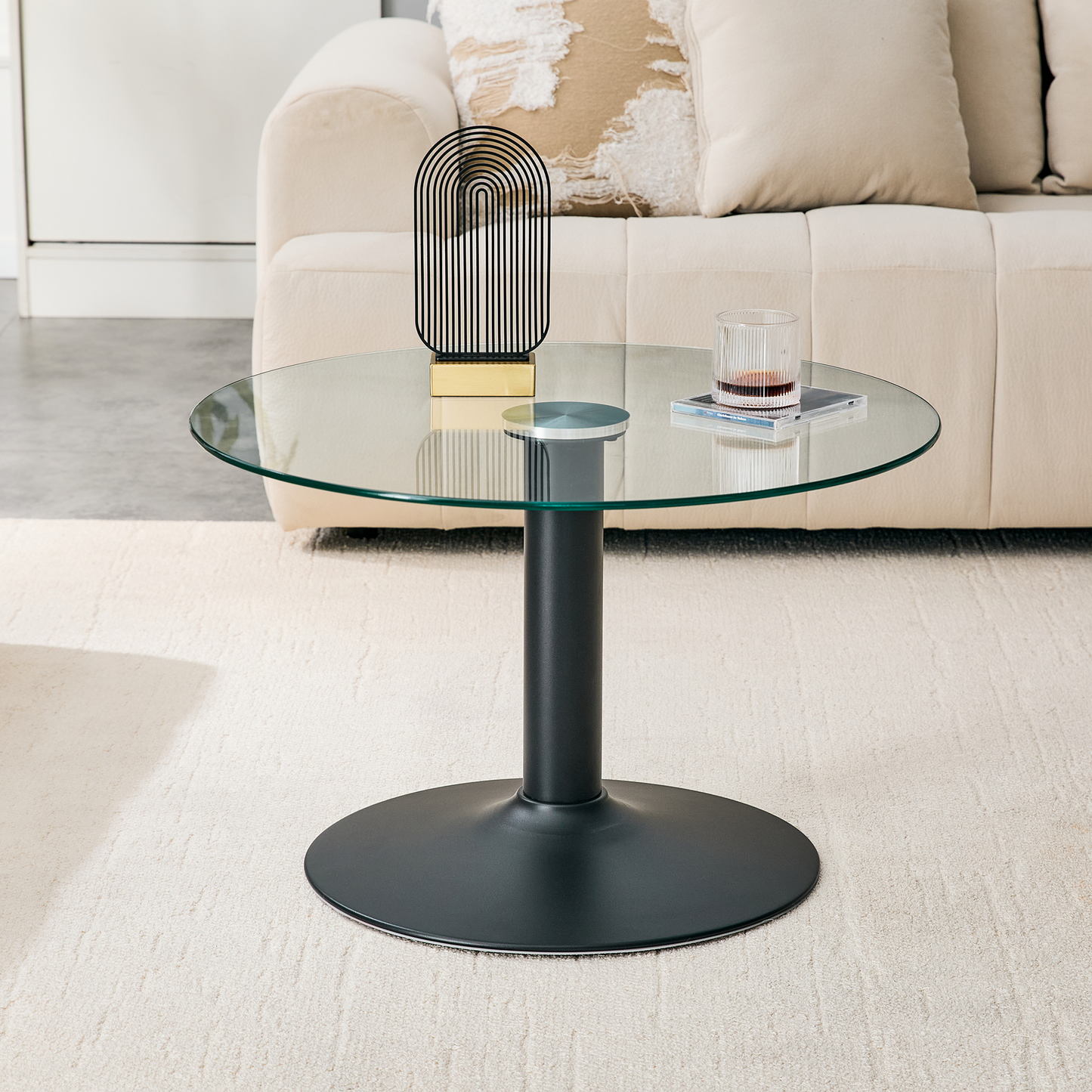 27.5-Inch Round Tempered Glass Coffee Table with Black Metal Base