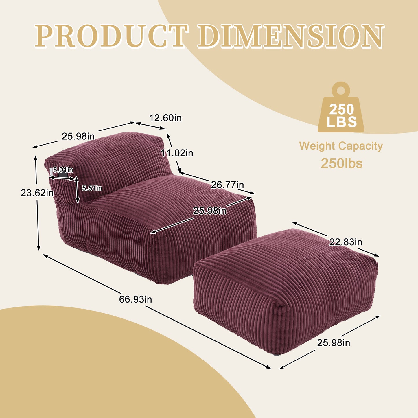 Big Bean Bag Chair for Adults - Comfy Memory Foam Lounger with Ottoman - Wine Red
